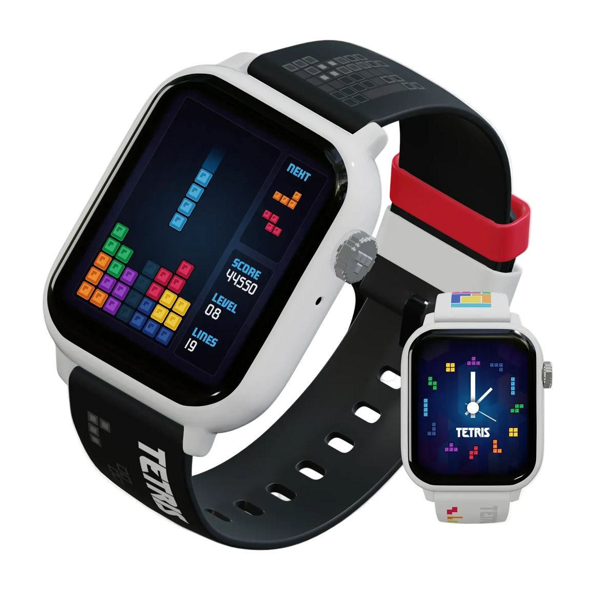 Zegarek Tetris z klasyczną grą na ekranie, idealny dla fanów retro gamingu i stylowego desk setupu