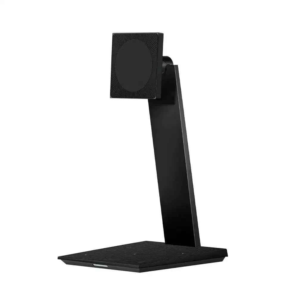 Nowoczesny czarny stojak biurkowy na słuchawki, minimalistyczny design, akcesorium do home office
