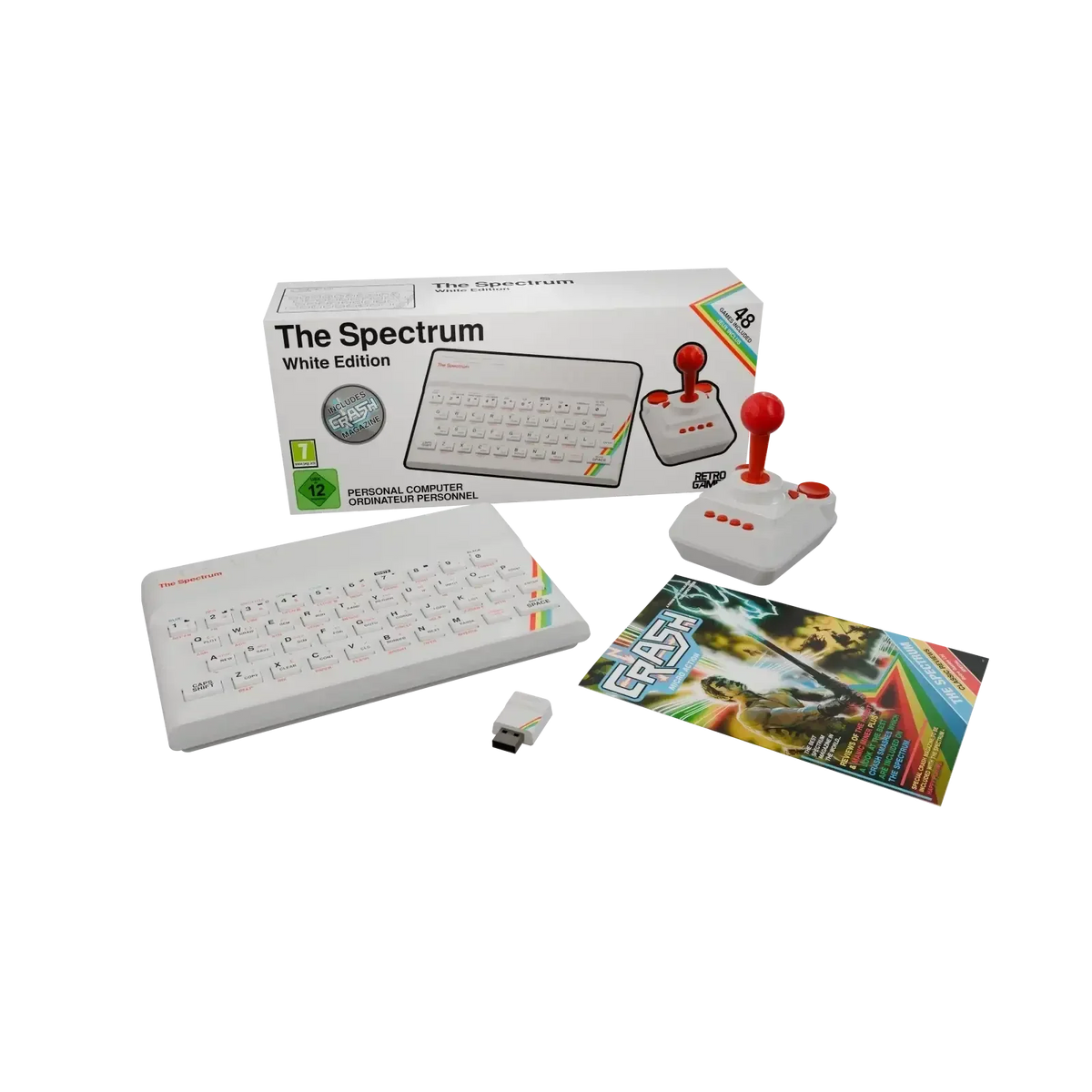 The Spectrum White Edition – retro komputer z klawiaturą, joystickem i magazynem CRASH, idealny dla fanów gier vintage