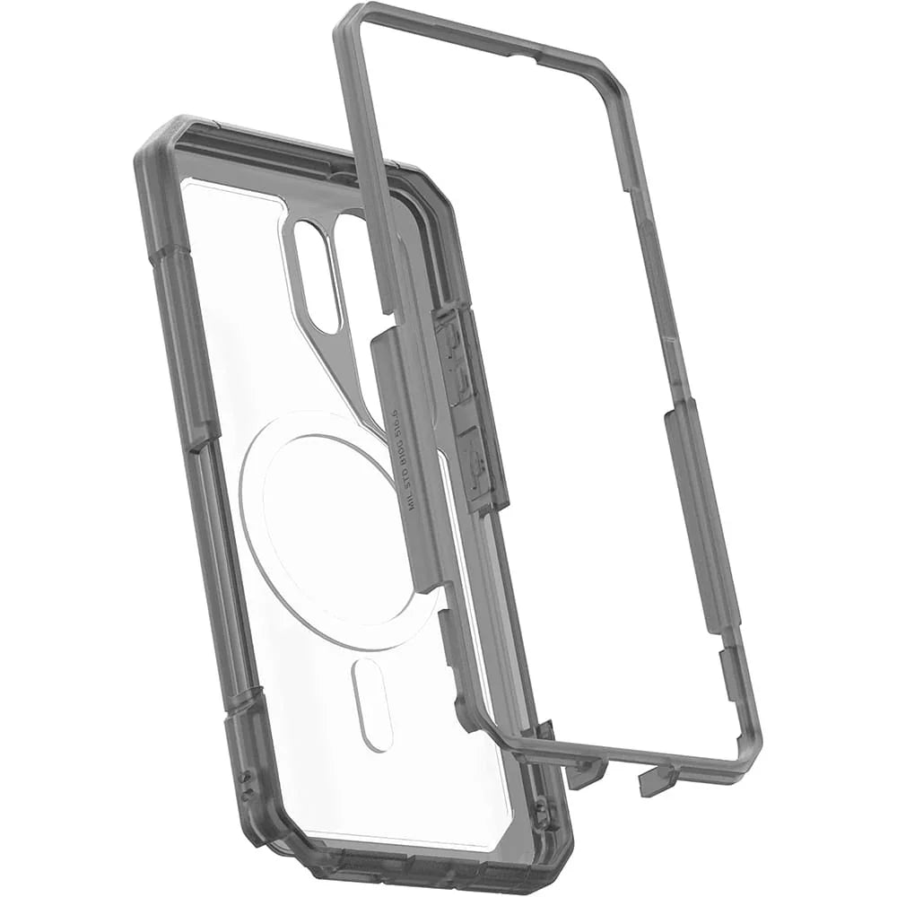 Przezroczyste etui na telefon z szarym ramieniem, ochronne i ergonomiczne, idealne do Home Office